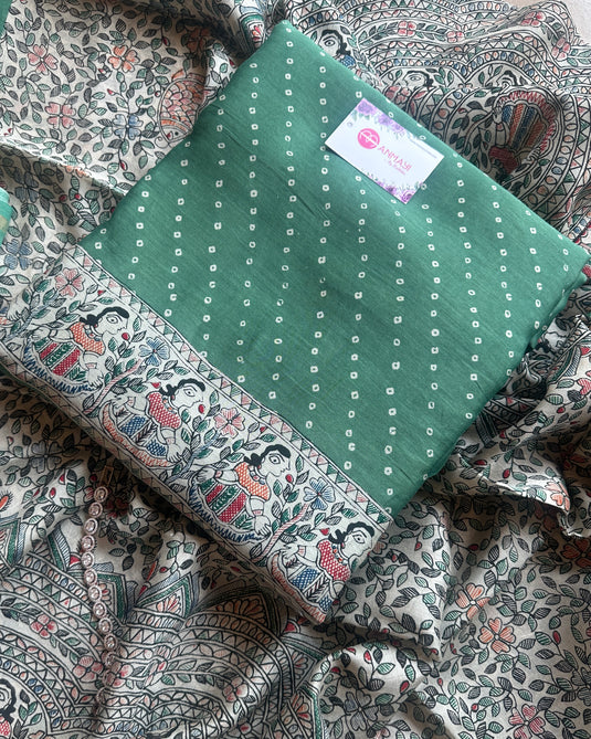 Madhubani bandhani fusion print pure Maheshwari silk suits