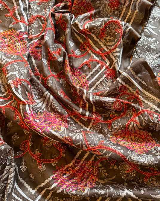 Fine Cambric printed cocoa suit set with coloured machine work