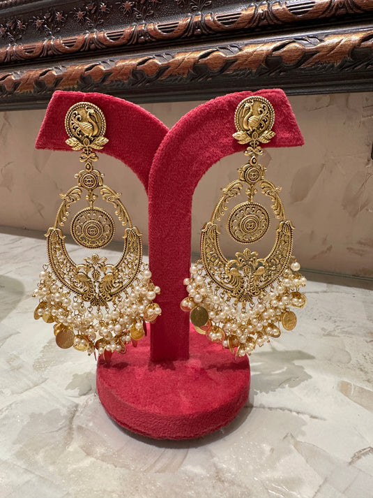 Feather coin pearl earrings