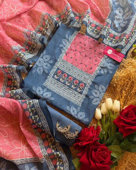 Indigo linen suit set with patterned neck and shaded dupatta