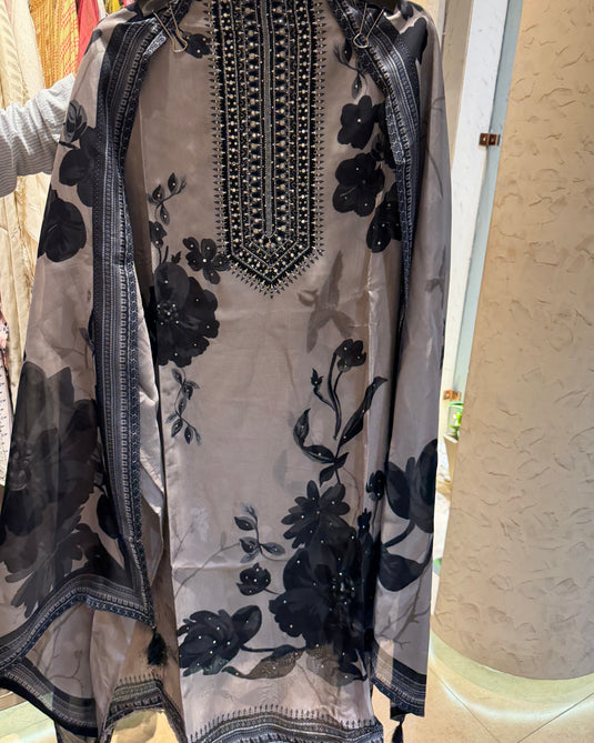 Black flower pure organza champagne suit set