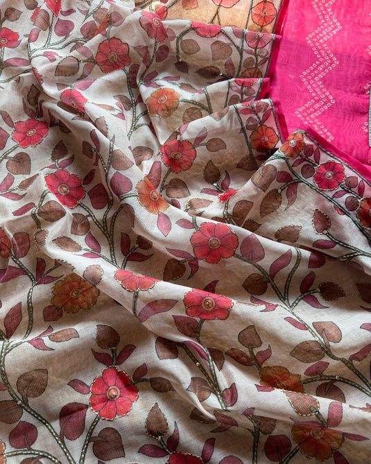 Soft Chanderi Bandhani print suit set with kantha highlight dupatta