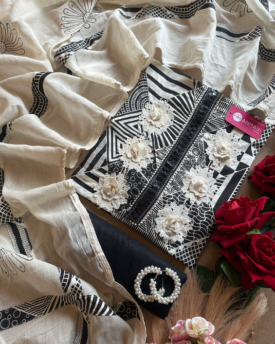 Crochet flowers abstract black n white cotton suit set