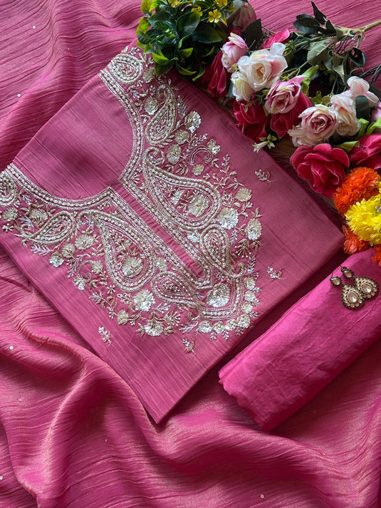 Crushed silk embroidery neck suit set