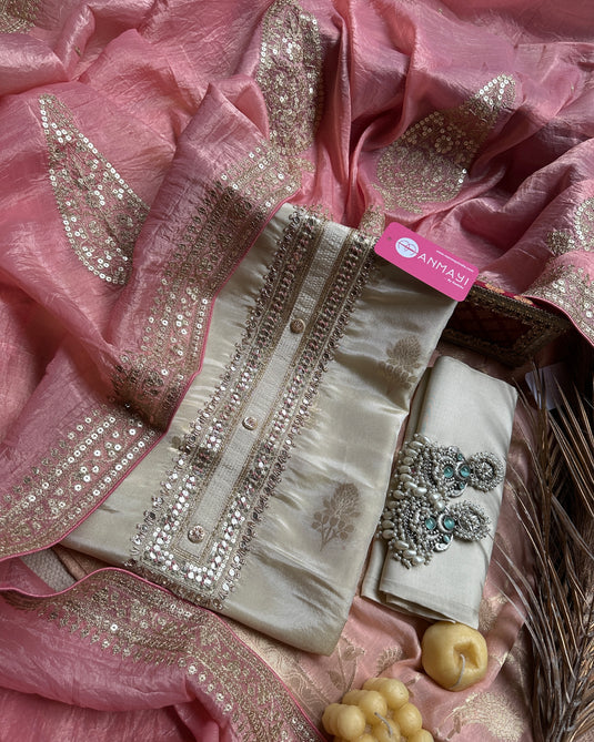 Pure tissue silk zari neck suit with combination crushed dupatta