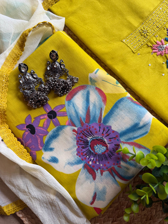 Neon green embroidered patch with printed bottom and chiffon handpaint dupatta