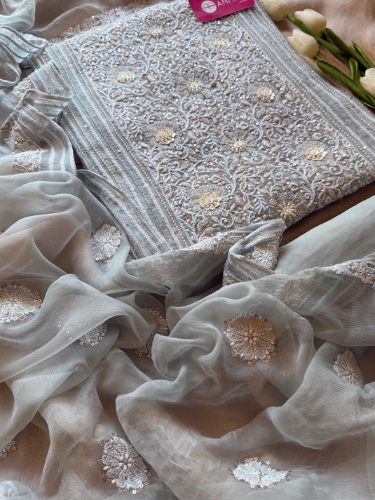 Pure Georgette Chikankari panel Suit Set with chiffon patched dupatta