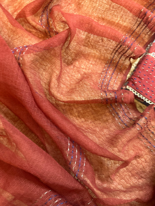 Pichwai print cambric cotton suit with weaved border