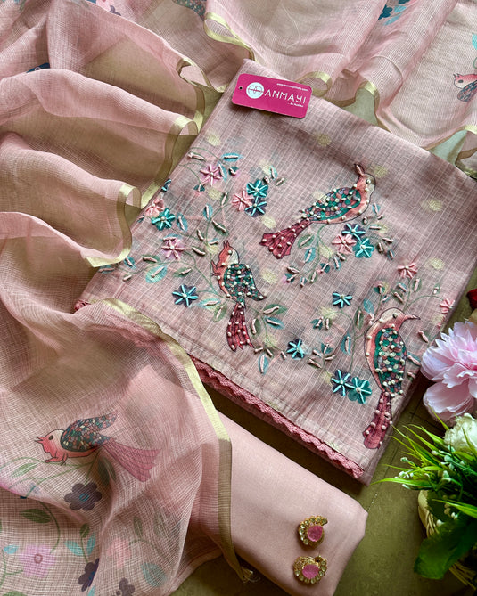 Coloured Kota banarasi knot work suit set with printed Kota dupatta