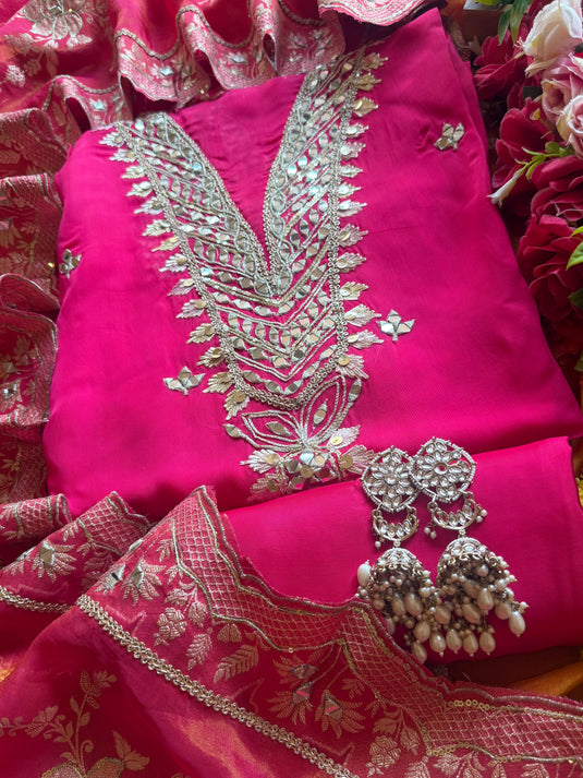 Georgette mirror work suit set with Banarasi jacquard dupatta