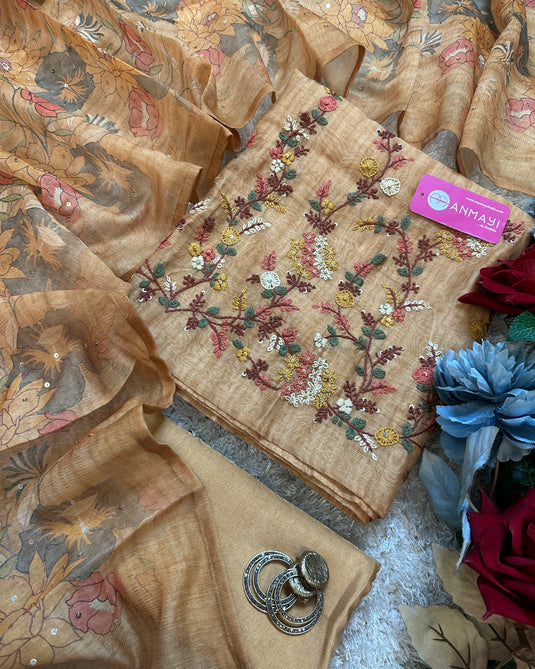 Soft chanderi French knot work suit sets with digital highlights dupatta