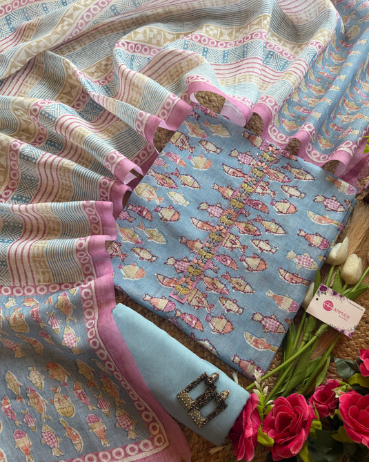 Linen Kantha work digital fish suit set