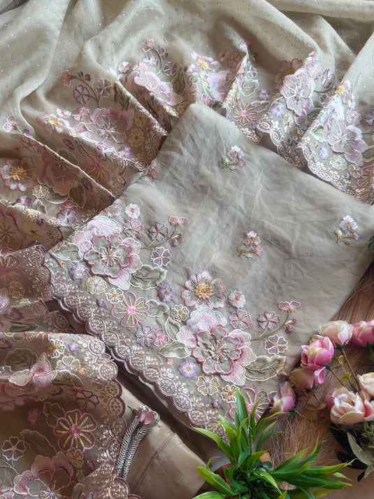 Applique patches tissue suits with Mukaish dupatta