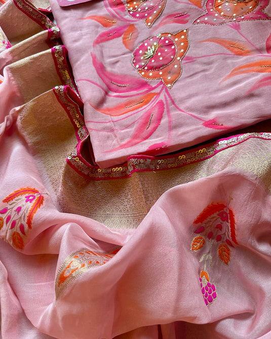 Handpaint highlights on pure linen fabric with georgette banarasi dupatta
