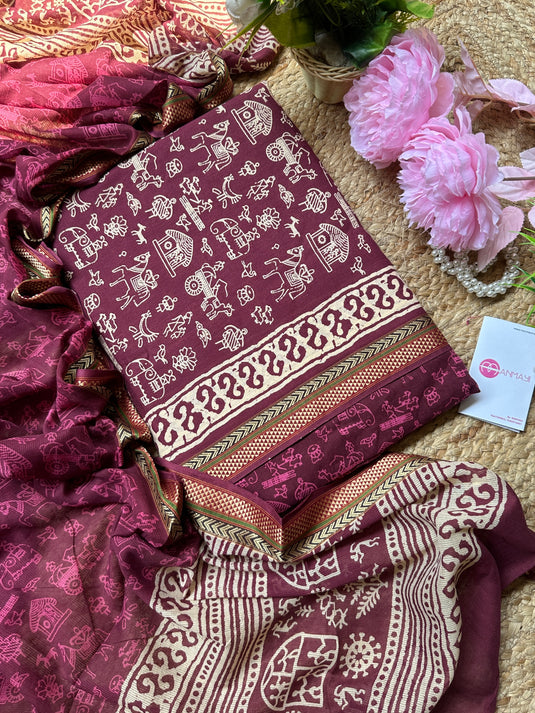 Wine shade warli print cotton suits