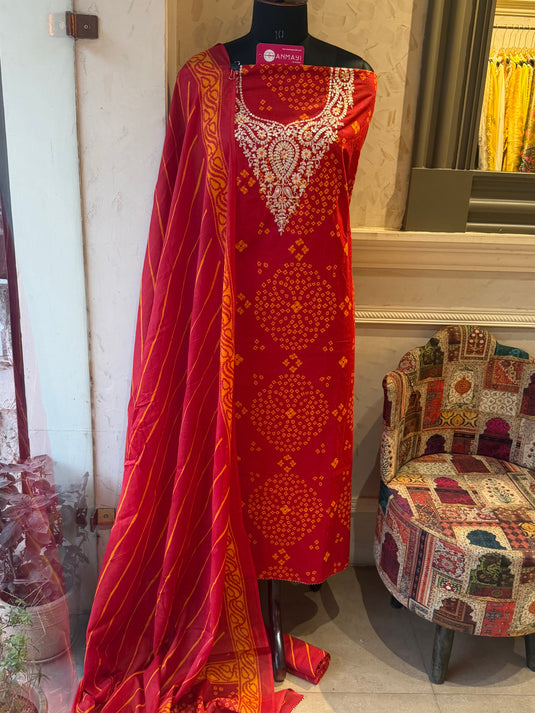 Cotton Bandhani print pita work suit set with cotton dupatta