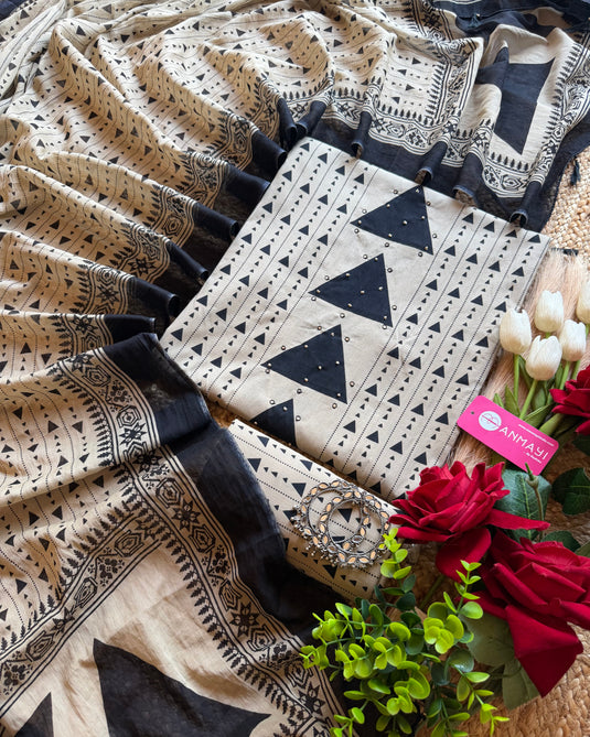 Geometric panel beige black Cambric cotton suit