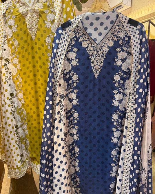 Polka dots floral fusion pure muslin suit  set
