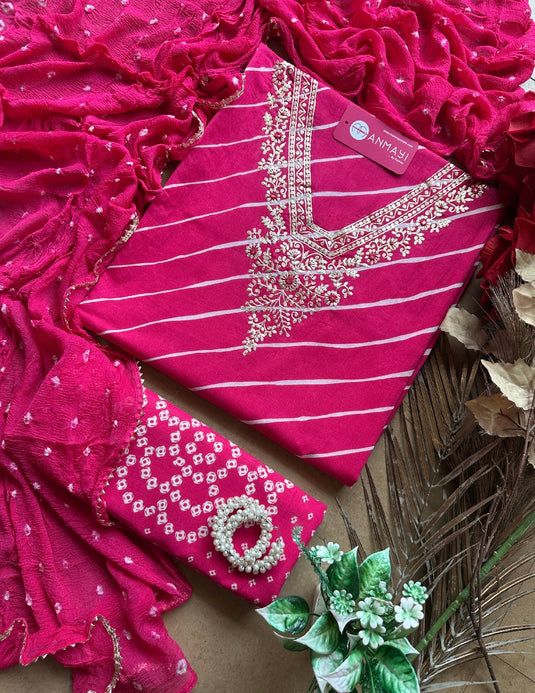 Lehria pure cotton suit set with pita neck and pure chiffon bandhani dupatta