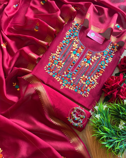 French knot work 70 gms Chanderi suit set