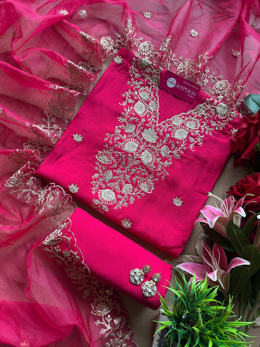 Dori work semi muslin suit set with organza dupatta