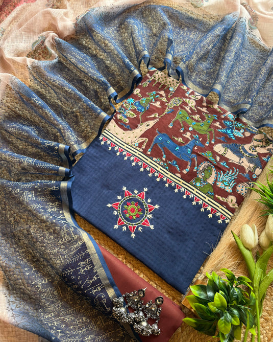 Digital chest patch pure cotton suit set with Kota dupatta