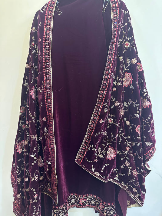 Velvet Plain suits with Jaal Embroidered Shawls