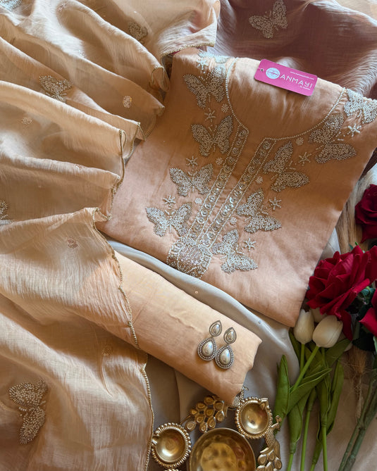 Hand Embroidered butterfly Mul Chanderi suit set