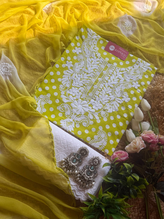 Chikankari neck polka dots suit set with chiffon crochet dupatta