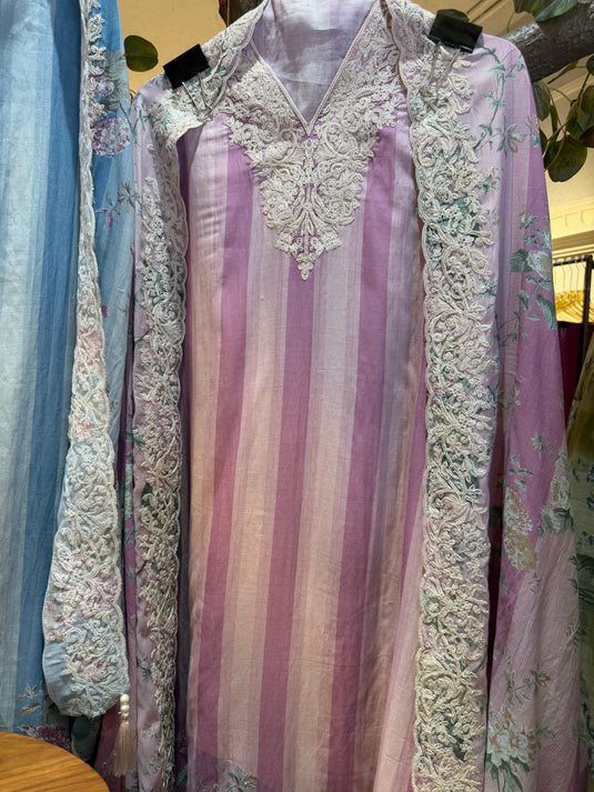 Stripy pure Mul pastel suit set with Dori weave and floral dupatta