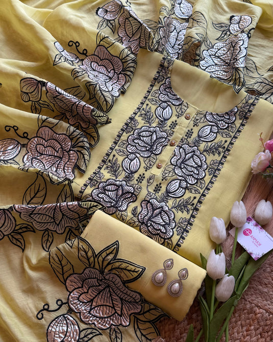 Patched gold rose Mul Chanderi suit set