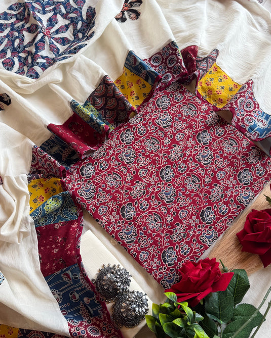 Patched cotton dupatta with ajrakh cotton suit set
