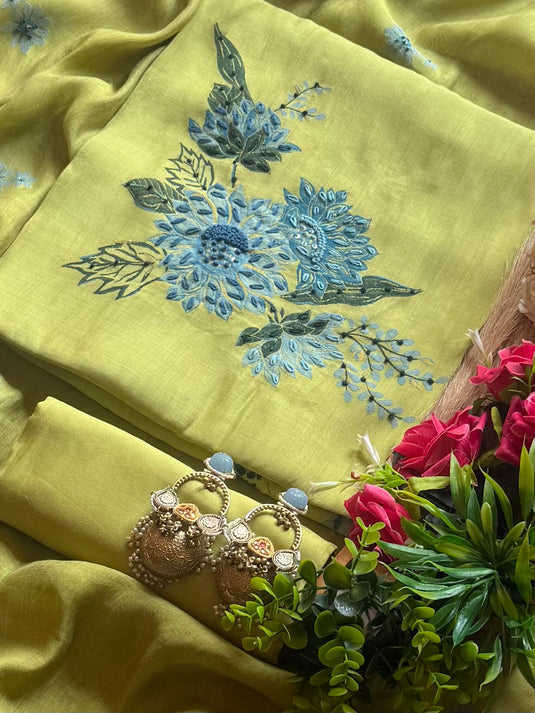 Lime pure Maheshwari French knot work suit set