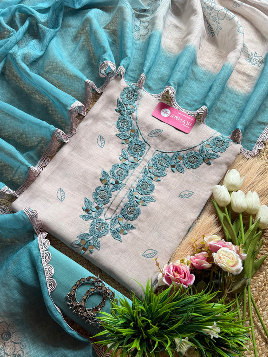 Embroidered pure linen ombré shade mirror neck suit set