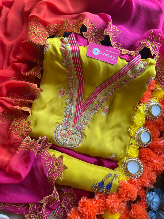 Embroidered round v neck satin silk suit with ombré georgette dupatta