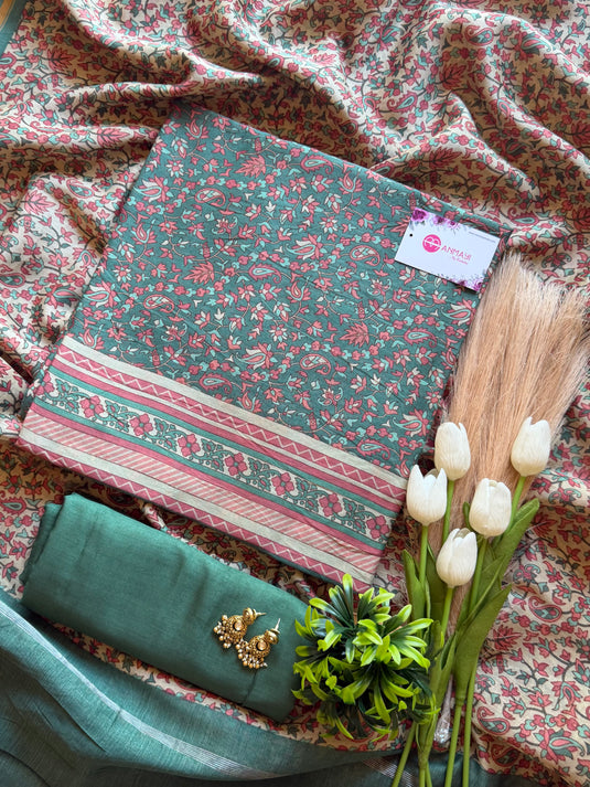 Pure Maheshwari Silk Kani Print Combination Suit Set