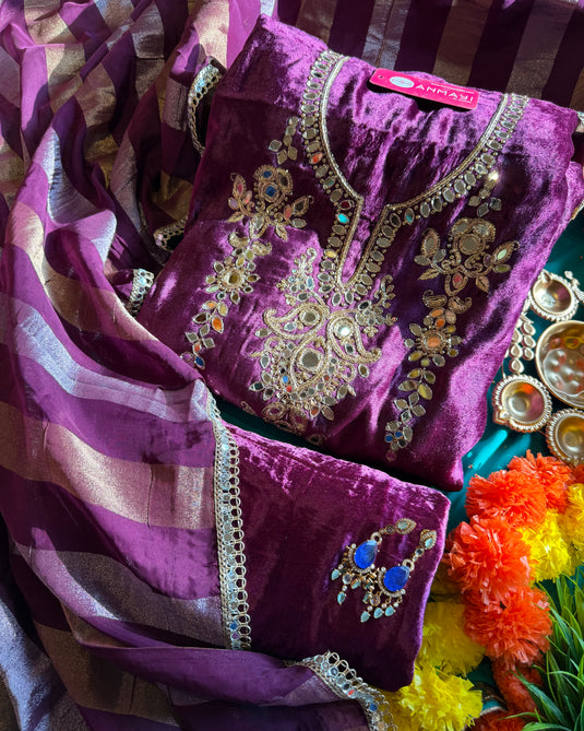 Hand work mirror design pure velvet suit set