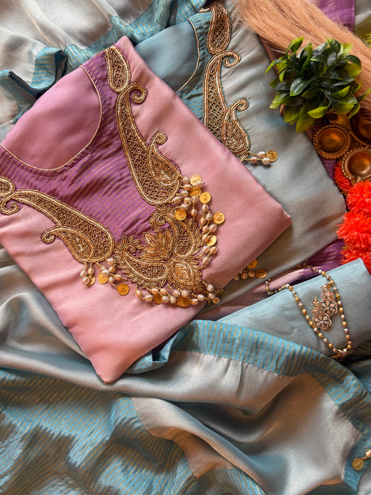 Coin work shimmer silk suit set
