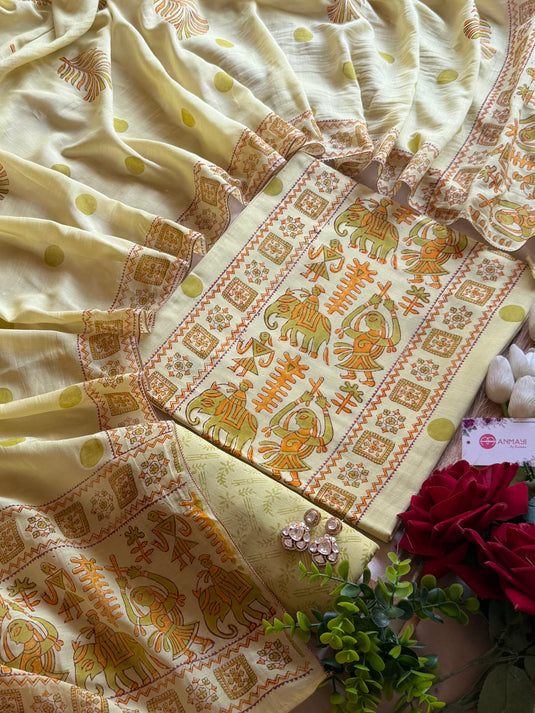 Pichwai folk motif style m with block-print suit set