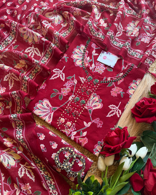 Printed Cambric cotton embroidered neck suit set