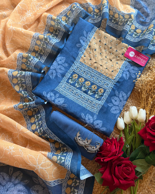 Indigo linen suit set with patterned neck and shaded dupatta