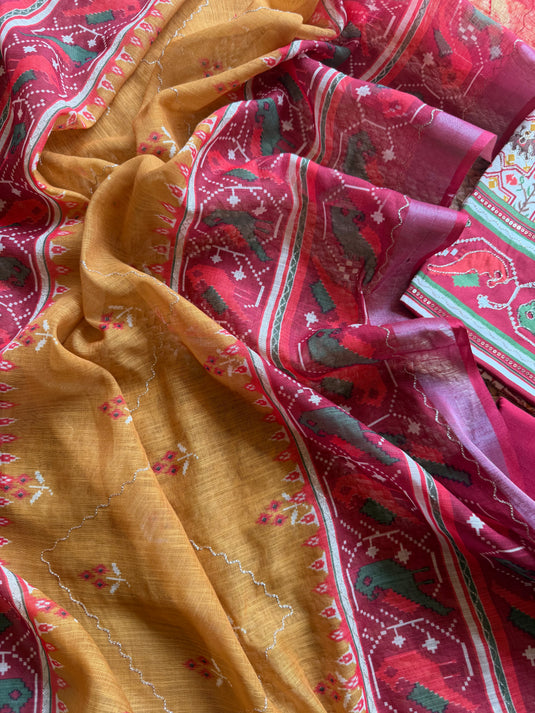 Cambric cotton Patola print suit set with highlighting and linen dupatta