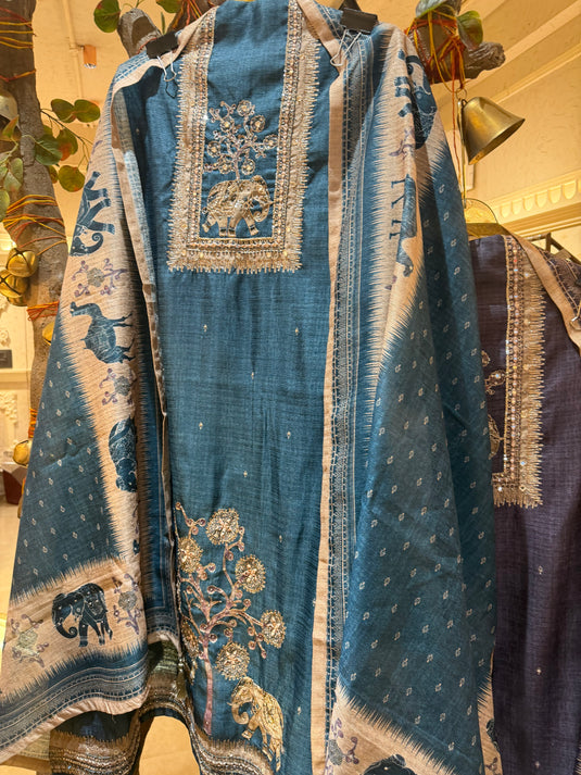 Highlighted Khadi Chanderi figure print suit set