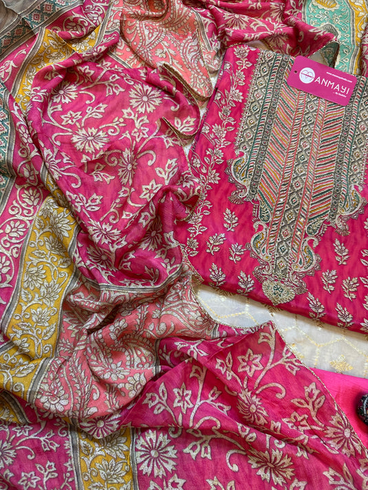 Arabic print pure crepe suit set with pure chinnon dupatta