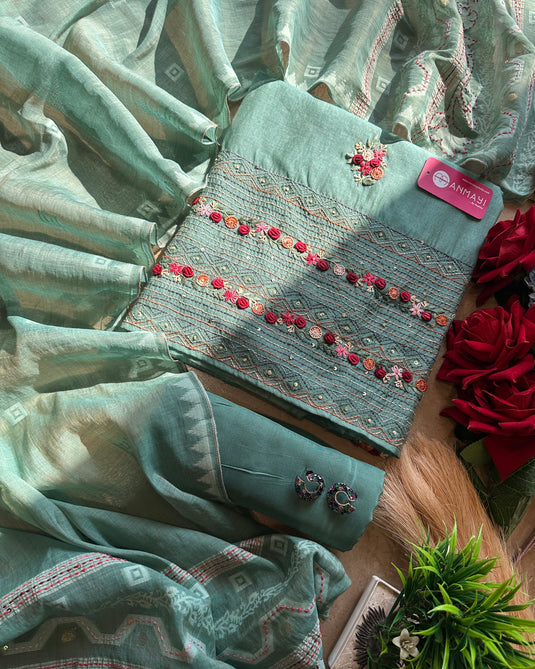 French knots rose work Maheshwari suit set with Jamdani Kantha work dupatta