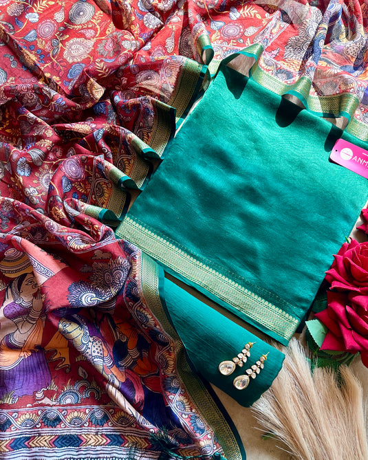 Pure Maheshwari silk south border suit set with kalamkari dupatta