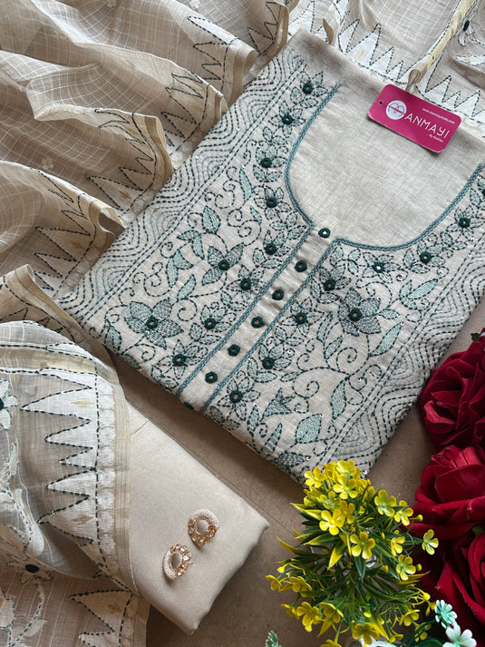 Authentic Kantha work golden Jamdani suit set