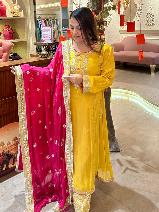 Yellow A line pure chinnon embroidered suit set