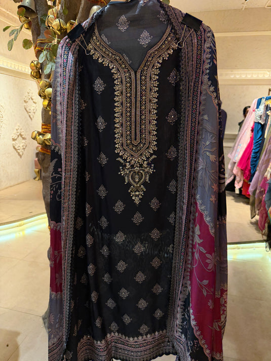 Persian print embroidered neck pure crepe suits