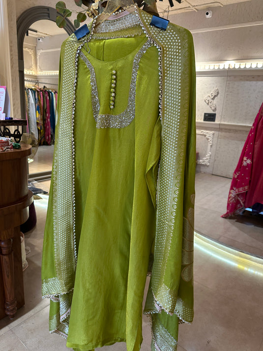 Shimmer lines u neck cutwork suit set